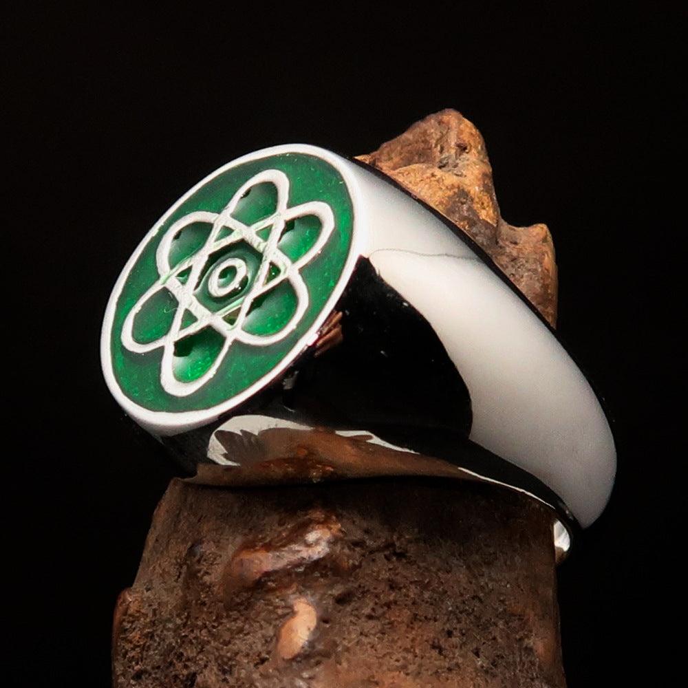 Men's Teacher Ring made of solid sterling silver featuring an atom symbol design with vibrant green enamel finish.