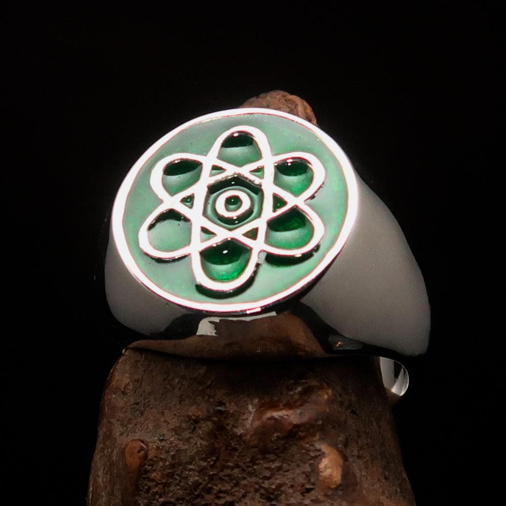 Men's Teacher Ring made of solid sterling silver featuring an atom symbol design with vibrant green enamel finish.