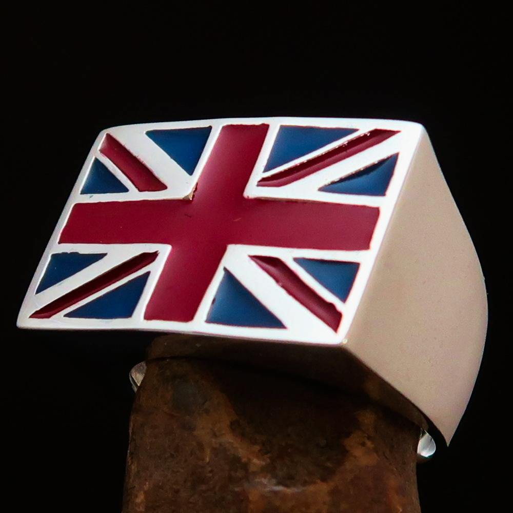 Men's Union Jack Flag Ring made of solid sterling silver with blue and red enamel, showcasing the iconic British flag design.