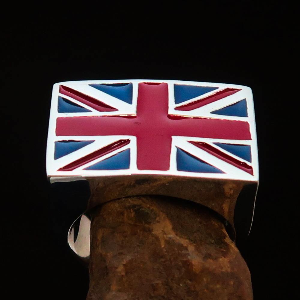 Men's Union Jack Flag Ring made of solid sterling silver with blue and red enamel, showcasing the iconic British flag design.