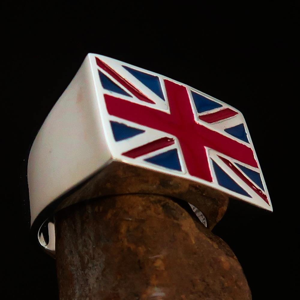 Men's Union Jack Flag Ring made of solid sterling silver with blue and red enamel, showcasing the iconic British flag design.