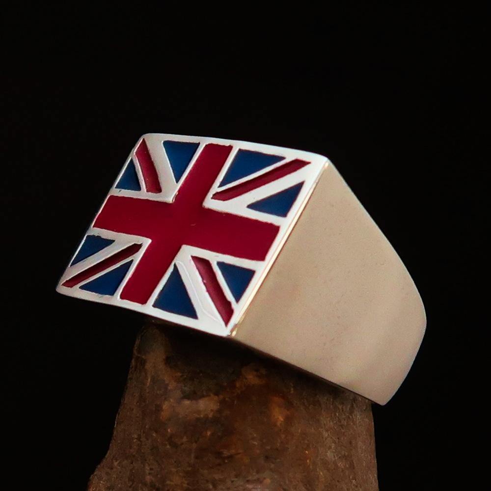 Men's Union Jack Flag Ring made of solid sterling silver with blue and red enamel, showcasing the iconic British flag design.