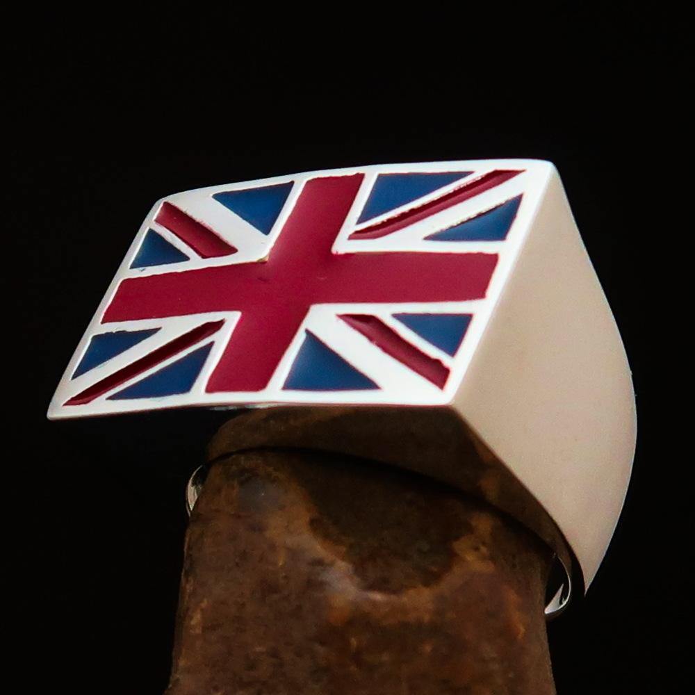 Men's Union Jack Flag Ring made of solid sterling silver with blue and red enamel, showcasing the iconic British flag design.