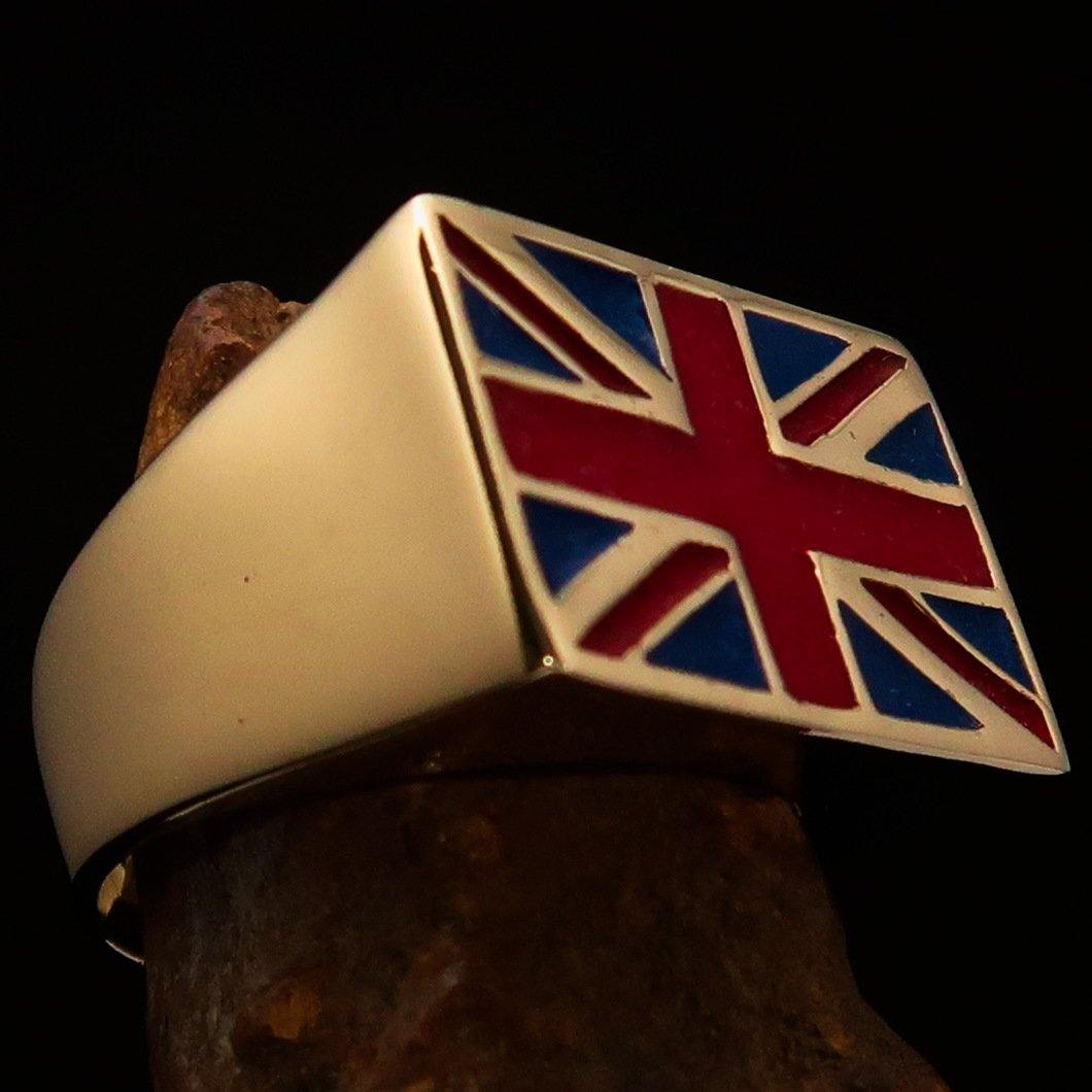 Solid Brass Men's Union Jack Flag Ring featuring blue and red enamel, showcasing the iconic UK flag design.