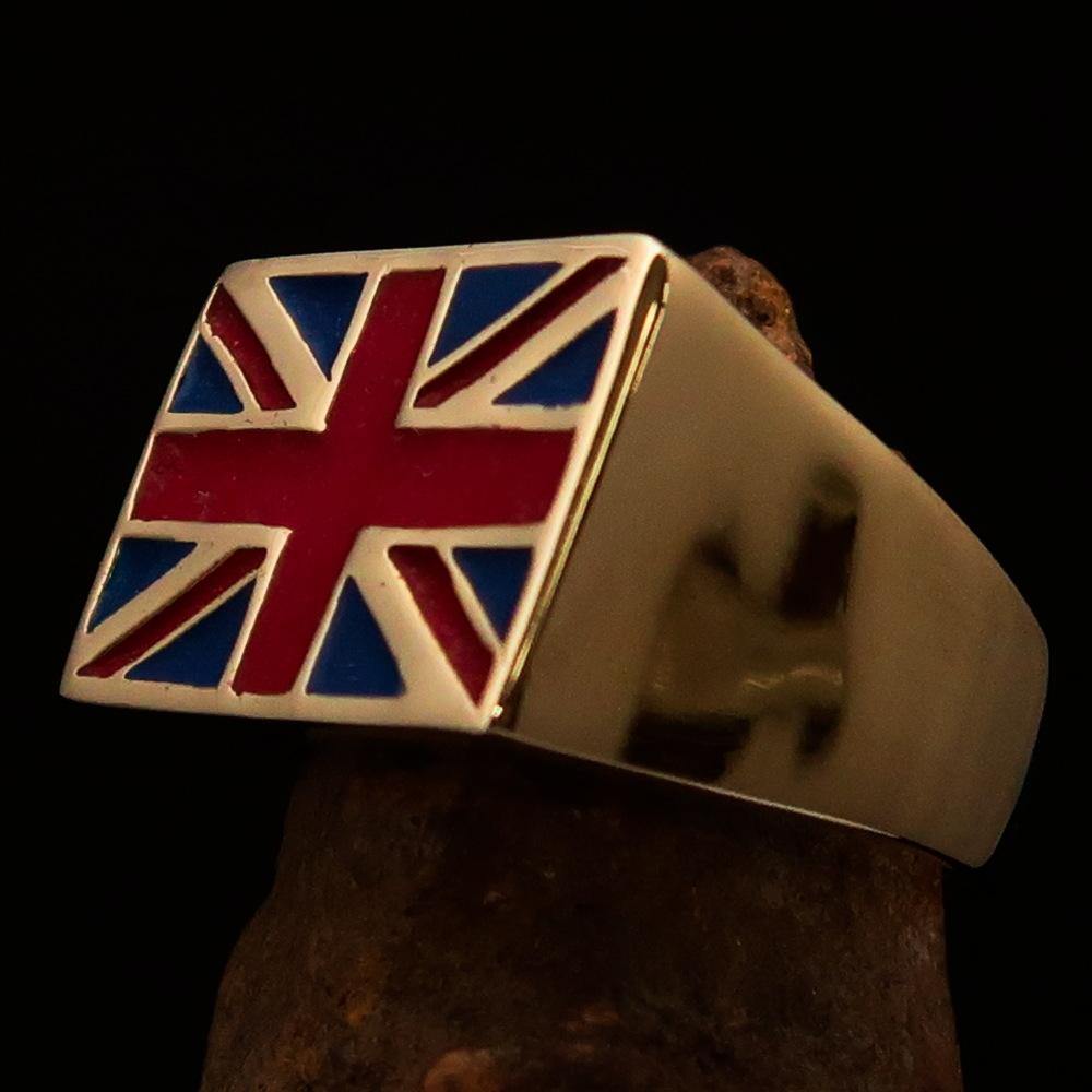 Solid Brass Men's Union Jack Flag Ring featuring blue and red enamel, showcasing the iconic UK flag design.