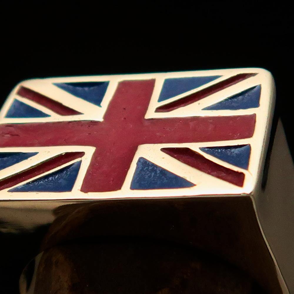 Solid Brass Men's Union Jack Flag Ring featuring blue and red enamel, showcasing the iconic UK flag design.