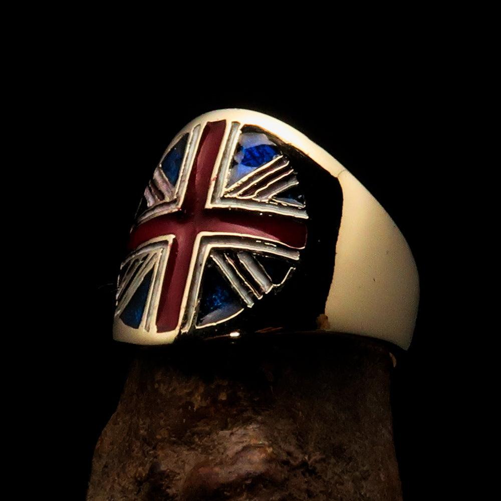 Men's Union Jack Flag Ring made of solid brass with high polish and enamel finish, showcasing the vibrant colors of the UK flag.