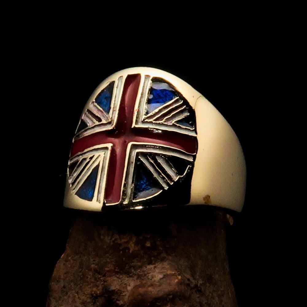 Men's Union Jack Flag Ring made of solid brass with high polish and enamel finish, showcasing the vibrant colors of the UK flag.