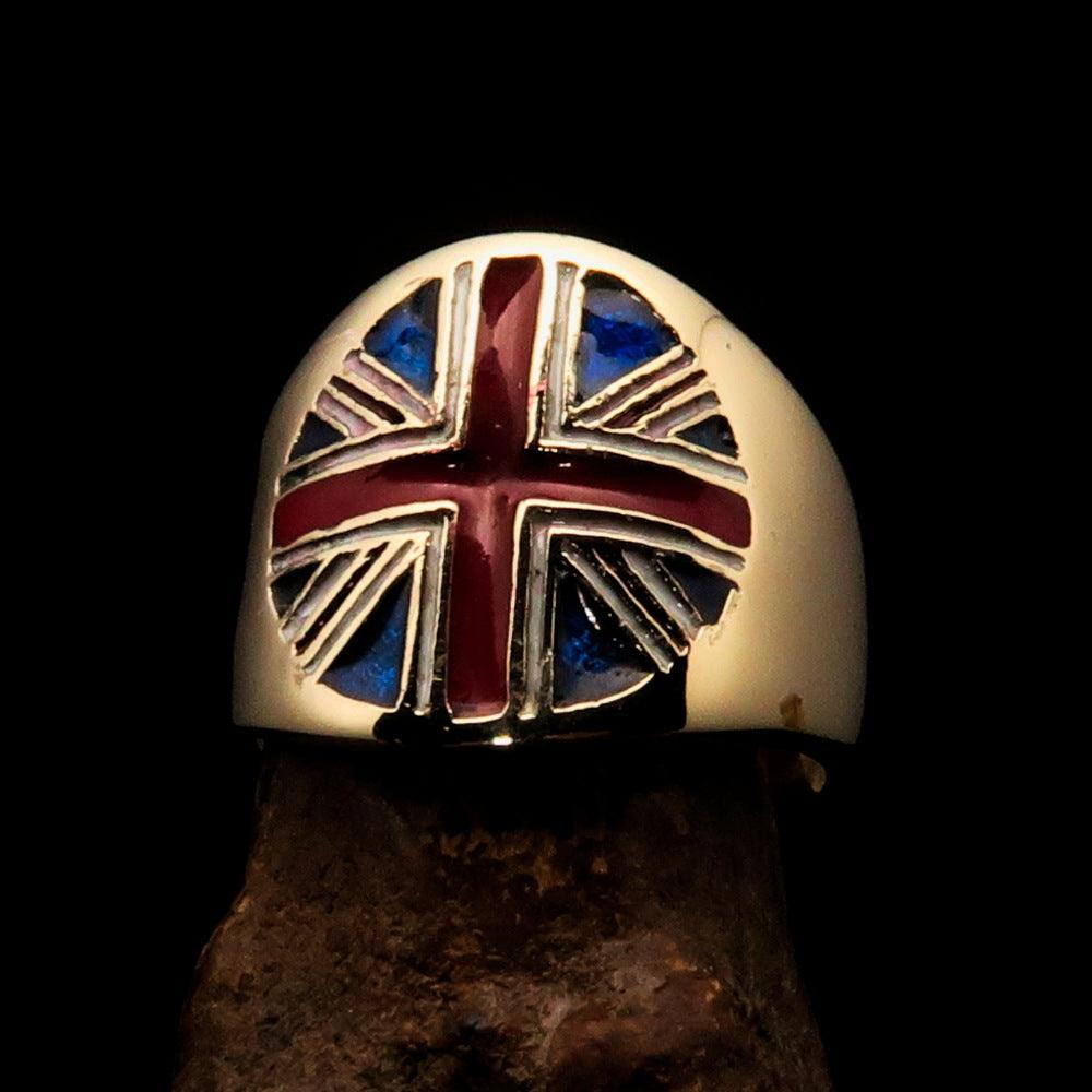 Men's Union Jack Flag Ring made of solid brass with high polish and enamel finish, showcasing the vibrant colors of the UK flag.