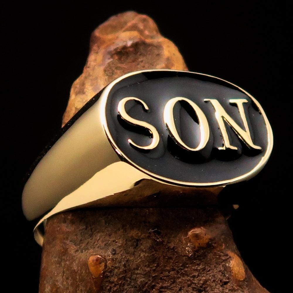 Perfectly crafted oval initial men's pinky ring in black SON enamel finish, showcasing a high polished solid brass design.