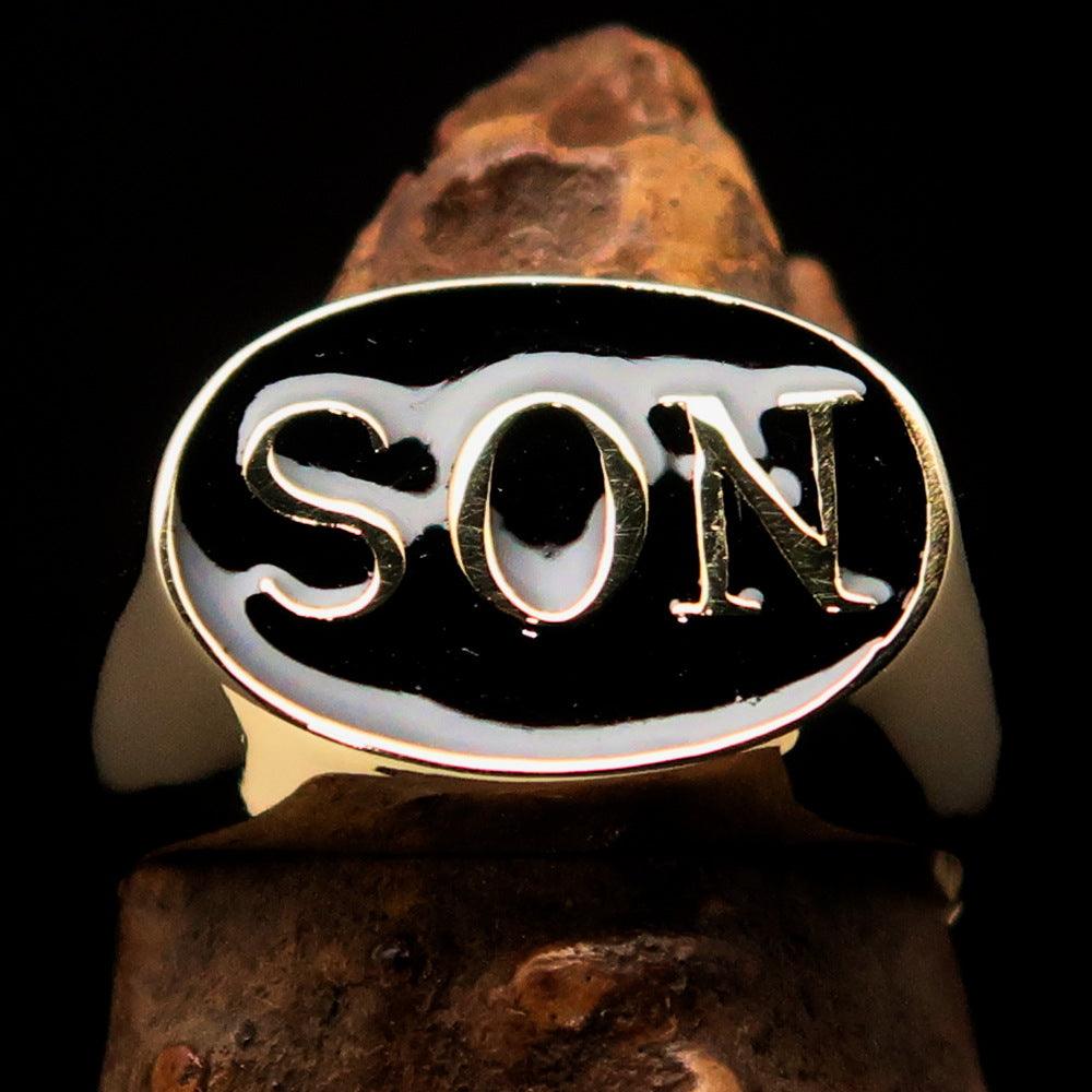 Perfectly crafted oval initial men's pinky ring in black SON enamel finish, showcasing a high polished solid brass design.