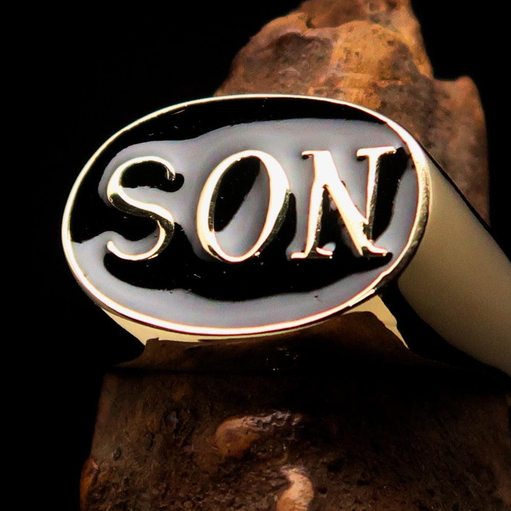 Perfectly crafted oval initial men's pinky ring in black SON enamel finish, showcasing a high polished solid brass design.