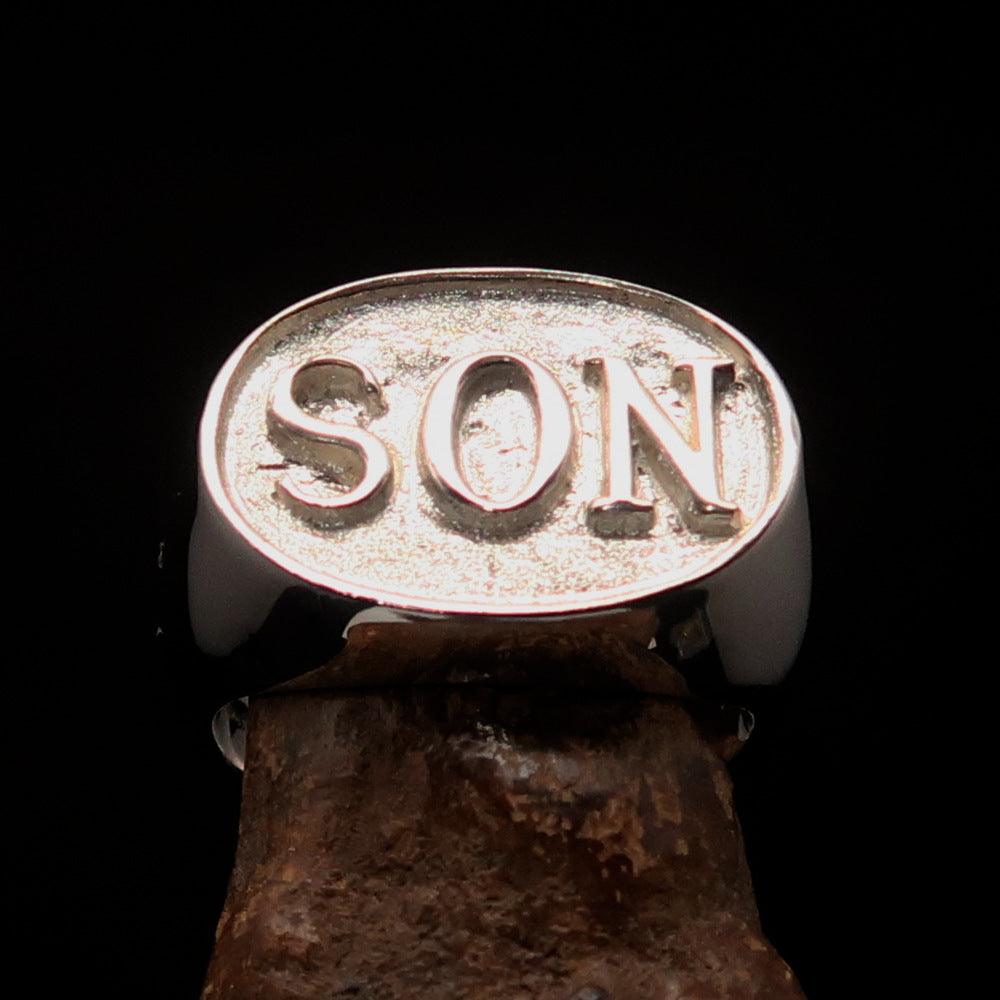 A two-tone oval initial men's ring made of solid sterling silver, featuring a high polished and matte finish with the initial 'SON'.