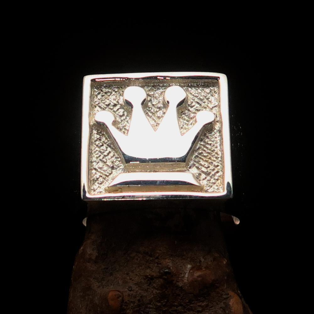 Two-Tone Matte Men's Chess Player Ring featuring a Queen's Crown design, crafted from solid sterling silver with a polished and matte finish.