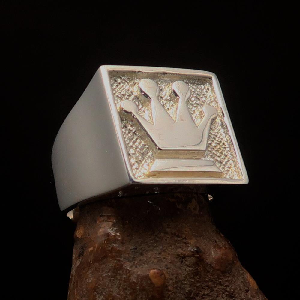 Two-Tone Matte Men's Chess Player Ring featuring a Queen's Crown design, crafted from solid sterling silver with a polished and matte finish.