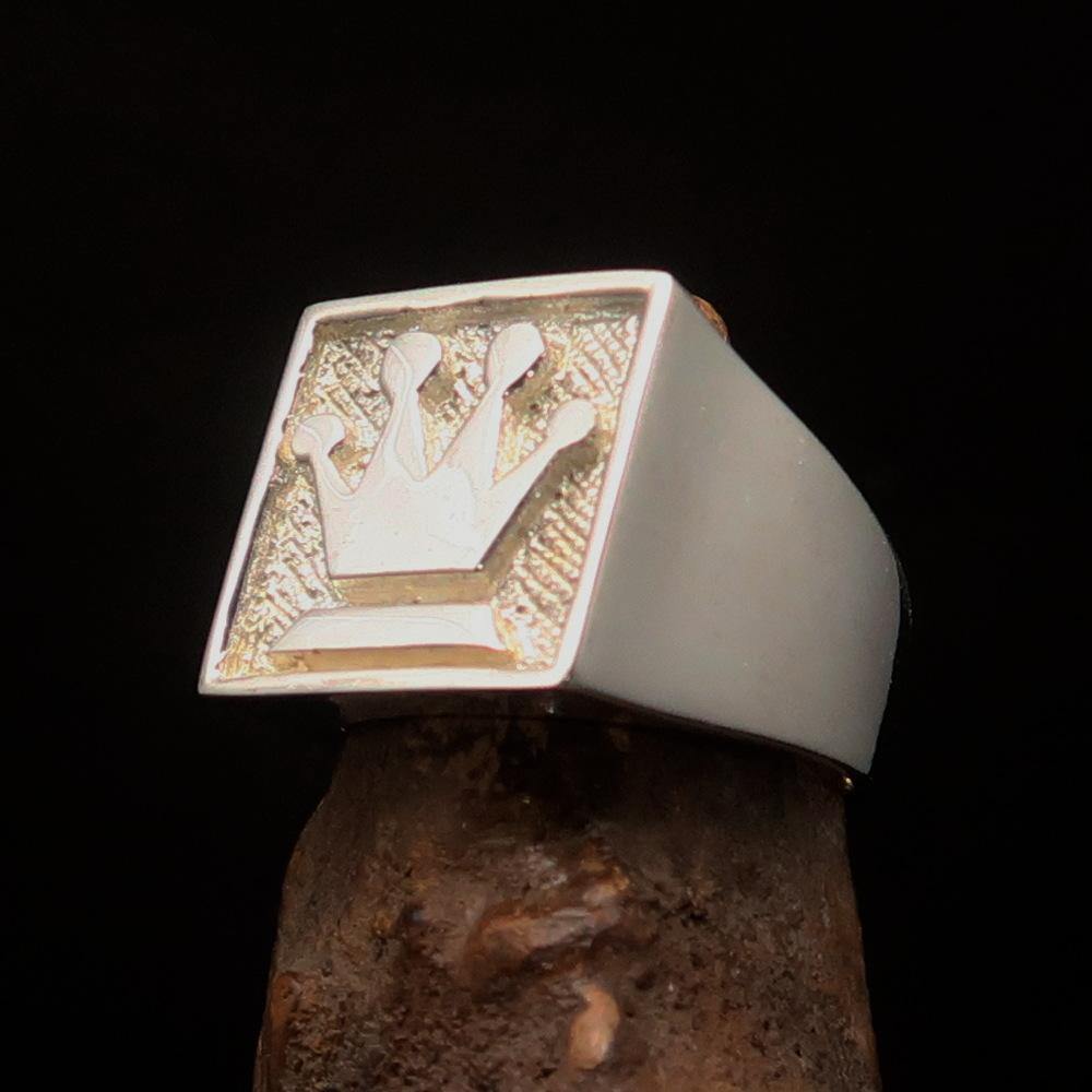 Two-Tone Matte Men's Chess Player Ring featuring a Queen's Crown design, crafted from solid sterling silver with a polished and matte finish.