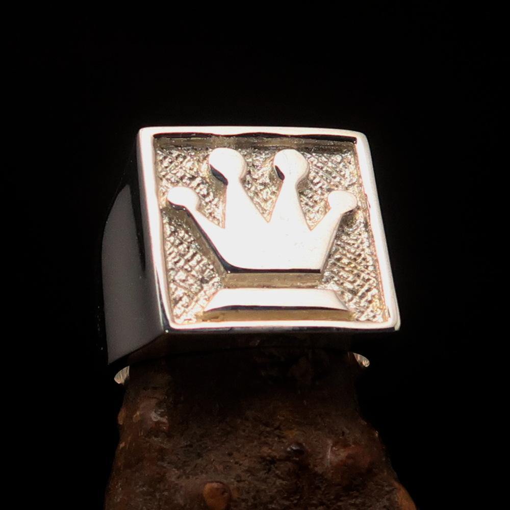 Two-Tone Matte Men's Chess Player Ring featuring a Queen's Crown design, crafted from solid sterling silver with a polished and matte finish.