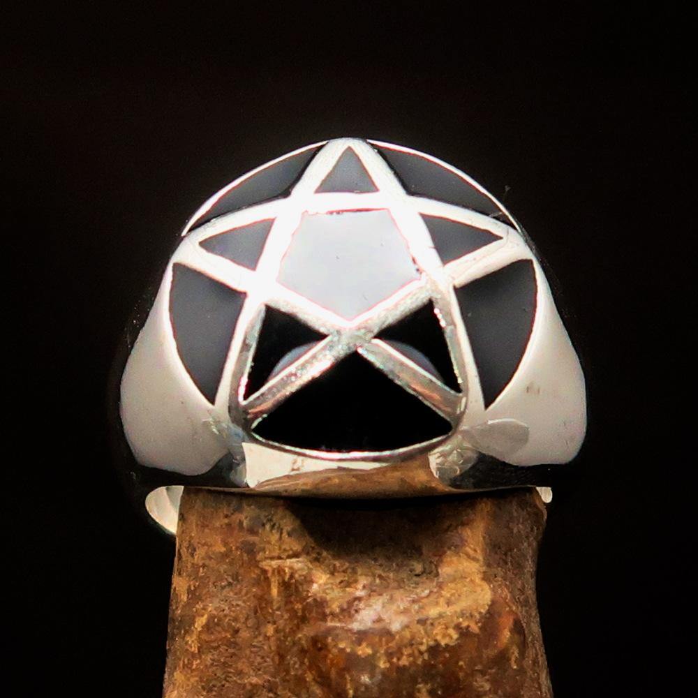 Perfectly domed Men's Solid Line Pentagram Ring in black enamel and sterling silver, showcasing its polished finish and pentagram design.