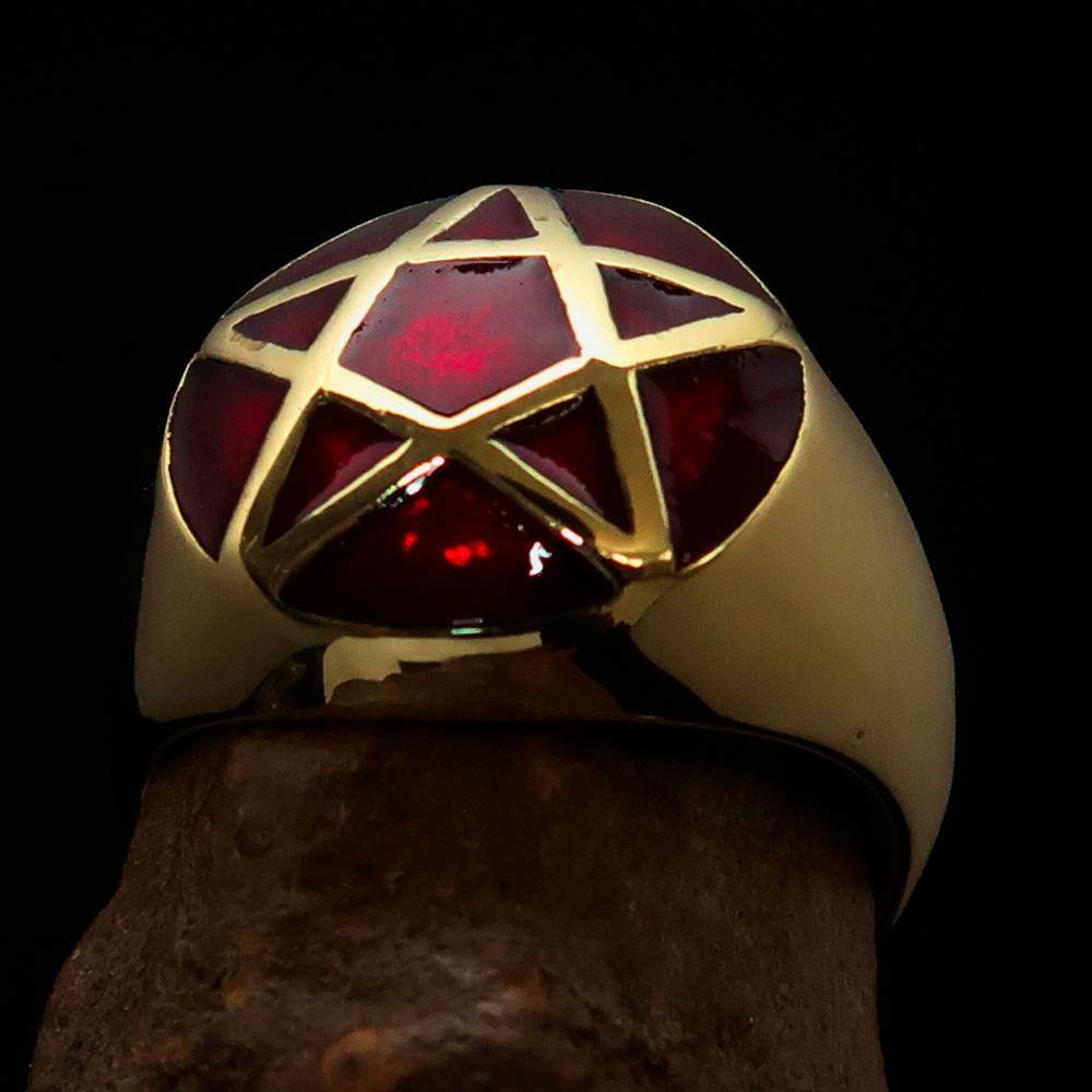 Perfectly domed men's solid line pentagram ring in red enamel, crafted from high-polished brass, showcasing its elegant design.