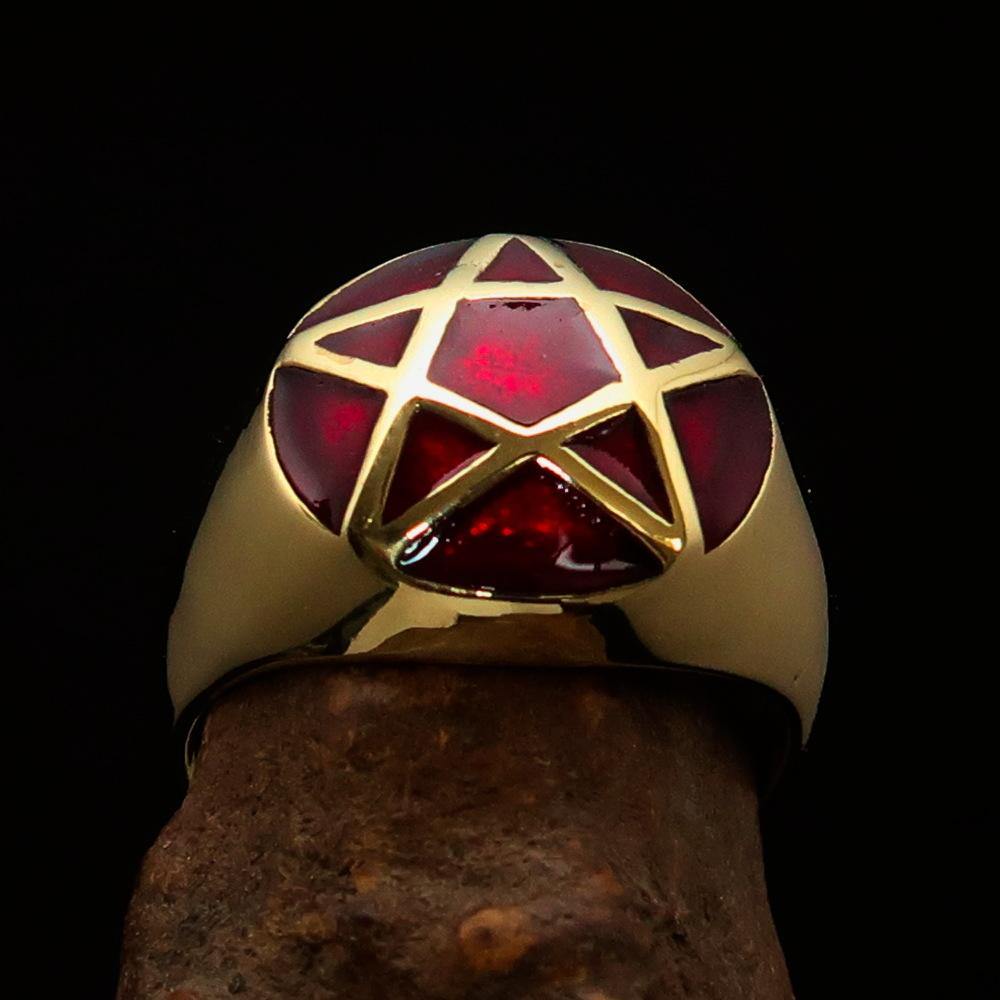 Perfectly domed men's solid line pentagram ring in red enamel, crafted from high-polished brass, showcasing its elegant design.