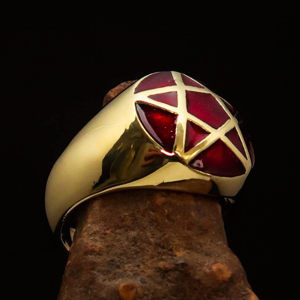 Perfectly domed men's solid line pentagram ring in red enamel, crafted from high-polished brass, showcasing its elegant design.