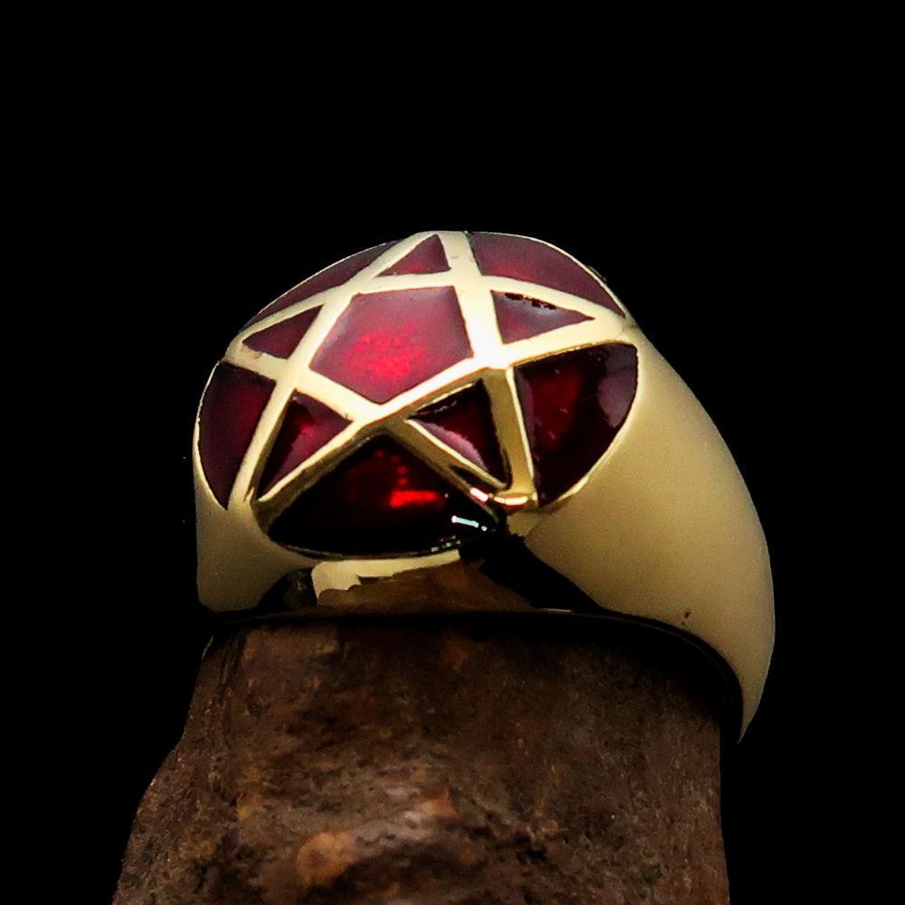 Perfectly domed men's solid line pentagram ring in red enamel, crafted from high-polished brass, showcasing its elegant design.