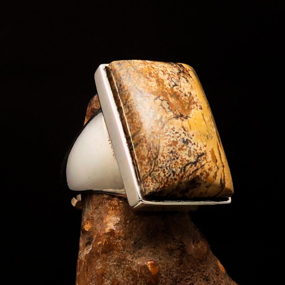 Rectangle shaped sterling silver ring featuring a brown Picture Jasper stone, hallmarked 925, showcasing its elegant design.