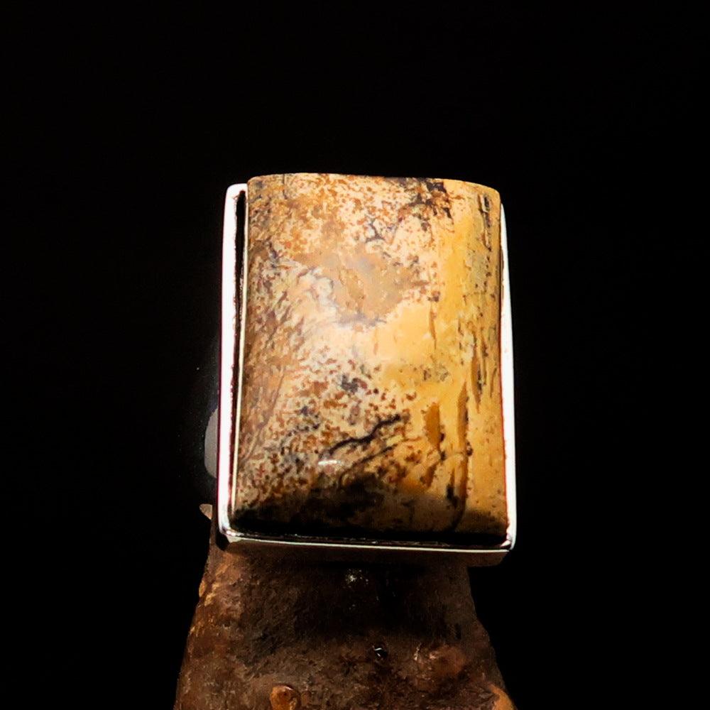 Rectangle shaped sterling silver ring featuring a brown Picture Jasper stone, hallmarked 925, showcasing its elegant design.