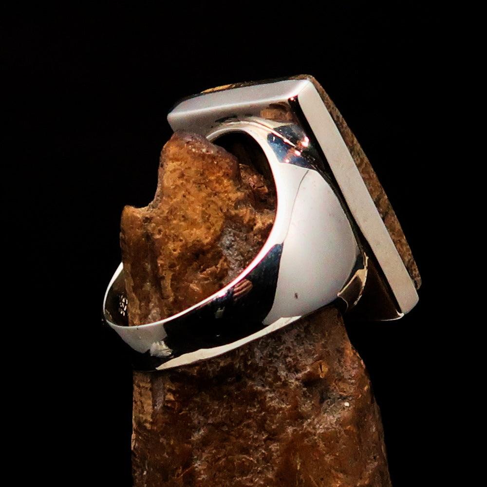 Rectangle shaped sterling silver ring featuring a brown Picture Jasper stone, hallmarked 925, showcasing its elegant design.