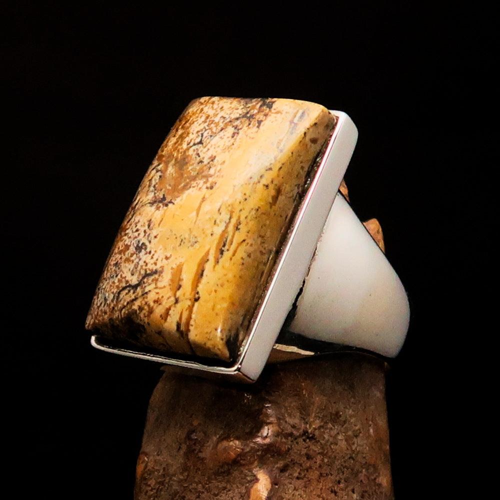 Rectangle shaped sterling silver ring featuring a brown Picture Jasper stone, hallmarked 925, showcasing its elegant design.