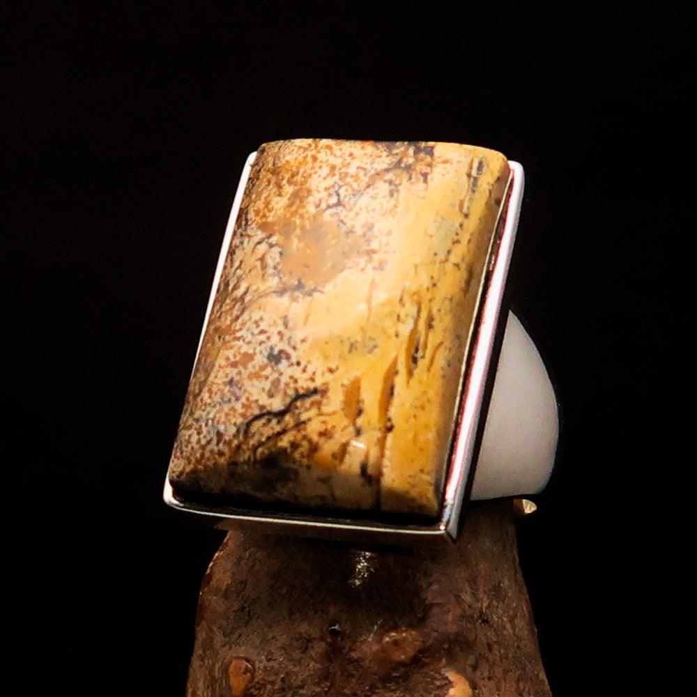 Rectangle shaped sterling silver ring featuring a brown Picture Jasper stone, hallmarked 925, showcasing its elegant design.