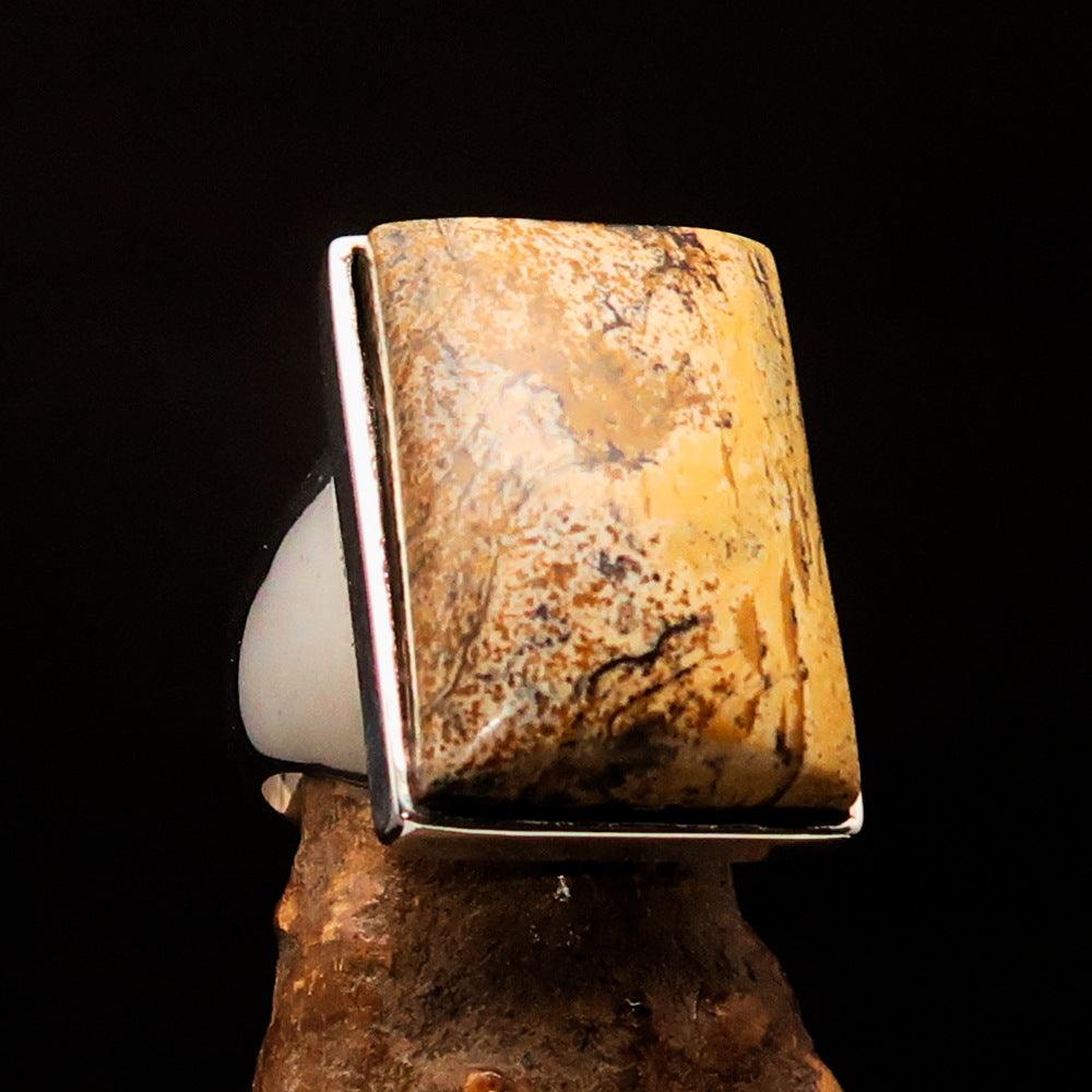 Rectangle shaped sterling silver ring featuring a brown Picture Jasper stone, hallmarked 925, showcasing its elegant design.