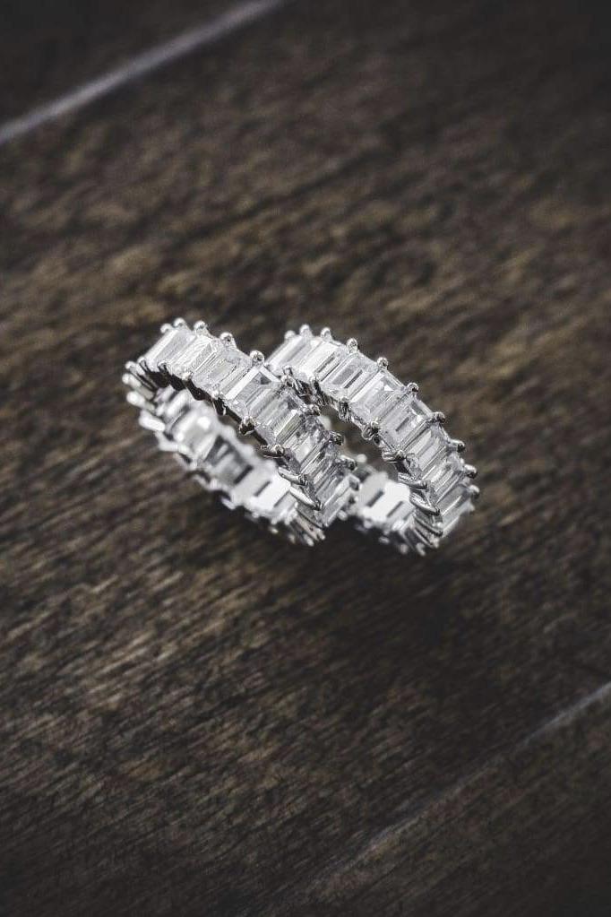 So Icy Diamond Baguette Ring in high polished white gold with flawless VVS simulants, showcasing its elegant design and sparkle.