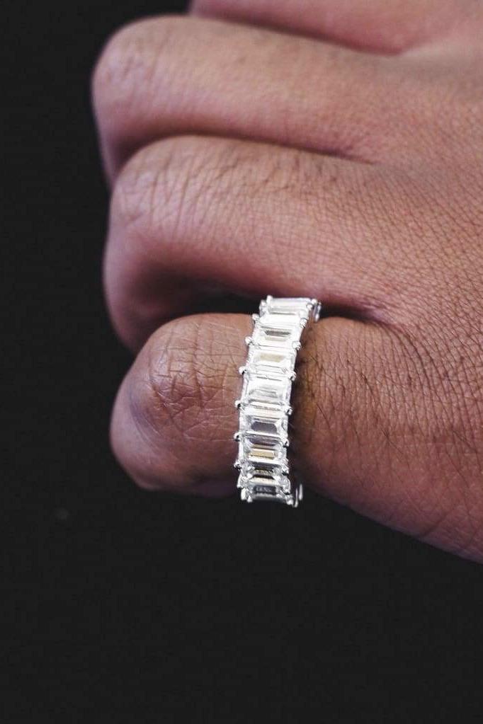 So Icy Diamond Baguette Ring in high polished white gold with flawless VVS simulants, showcasing its elegant design and sparkle.