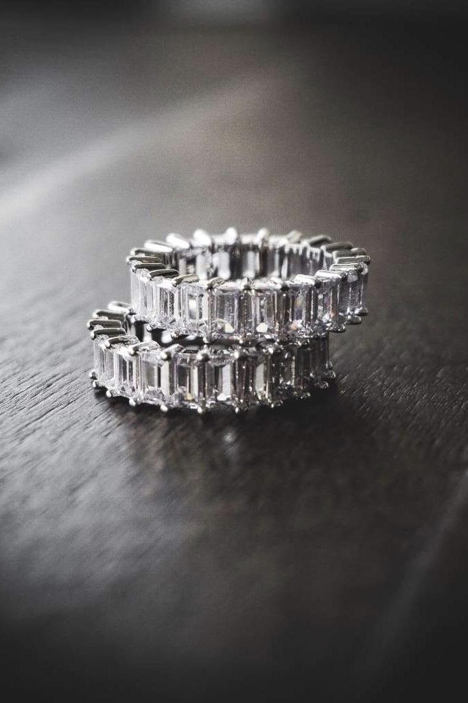 So Icy Diamond Baguette Ring in high polished white gold with flawless VVS simulants, showcasing its elegant design and sparkle.