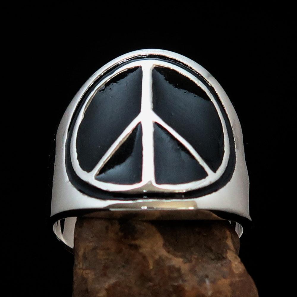 Round Men's Ring in Sterling Silver featuring a black Peace Symbol, showcasing high polish and elegant design.