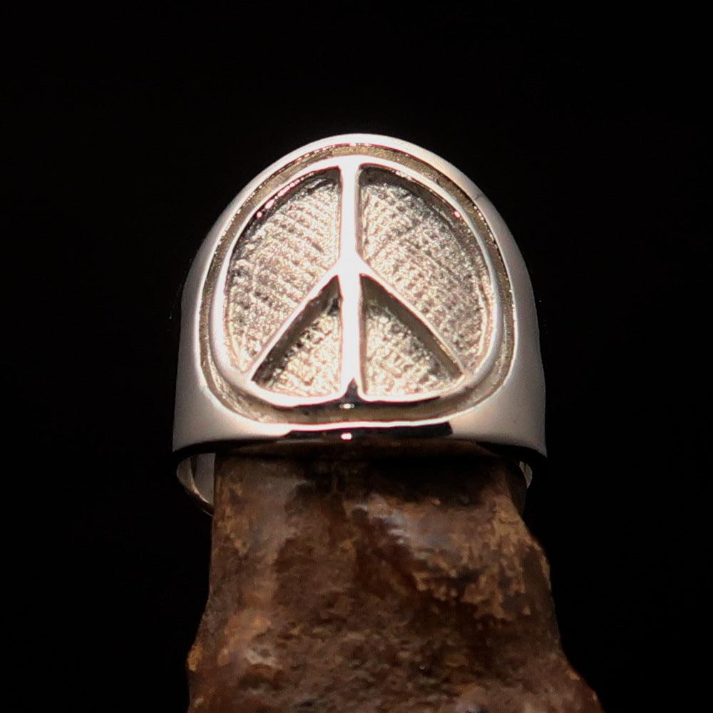 Round Men's Ring with Peace Symbol in Two Tone Sterling Silver, showcasing a high polished matte finish.