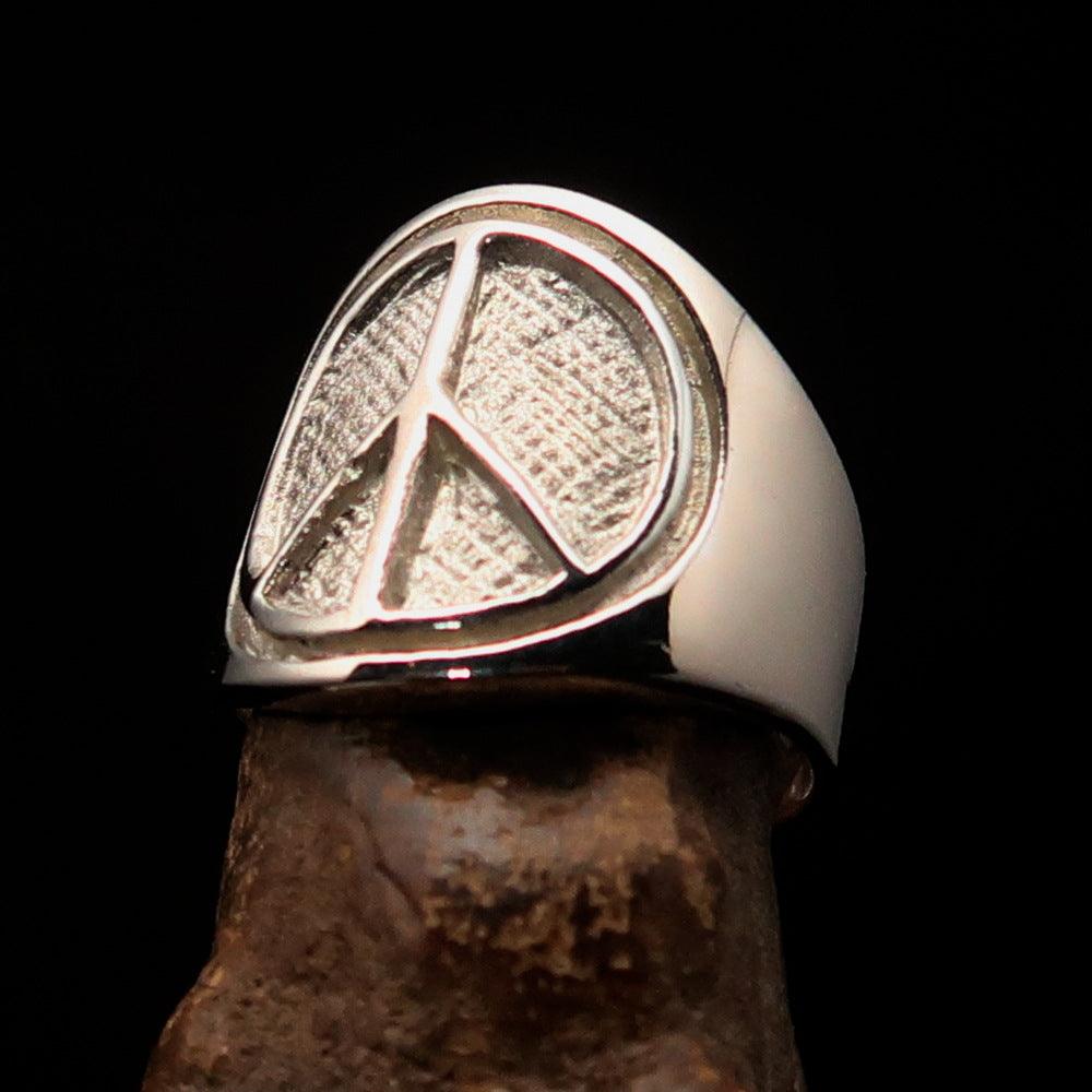 Round Men's Ring with Peace Symbol in Two Tone Sterling Silver, showcasing a high polished matte finish.