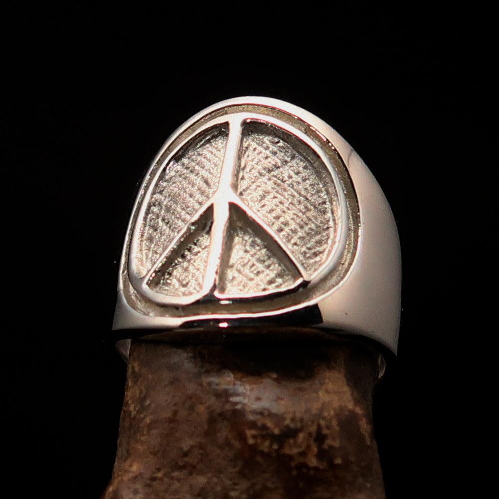 Round Men's Ring with Peace Symbol in Two Tone Sterling Silver, showcasing a high polished matte finish.