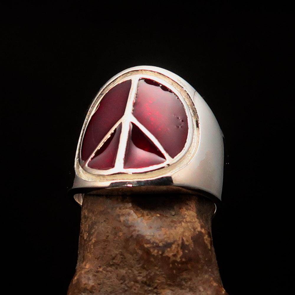 Round Men's Ring in Sterling Silver featuring a red Peace Symbol, showcasing high polish and vibrant enamel.