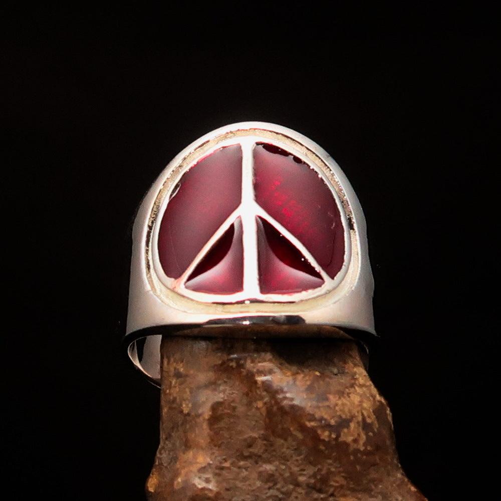 Round Men's Ring in Sterling Silver featuring a red Peace Symbol, showcasing high polish and vibrant enamel.