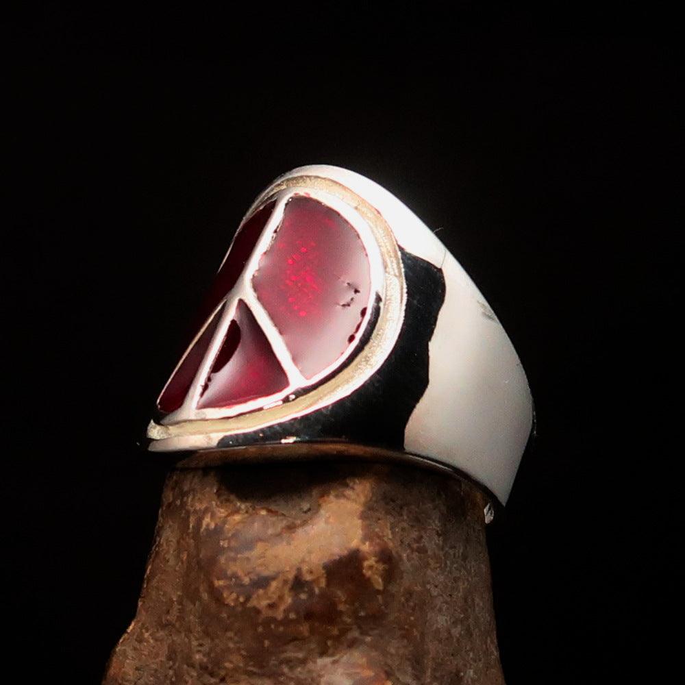 Round Men's Ring in Sterling Silver featuring a red Peace Symbol, showcasing high polish and vibrant enamel.