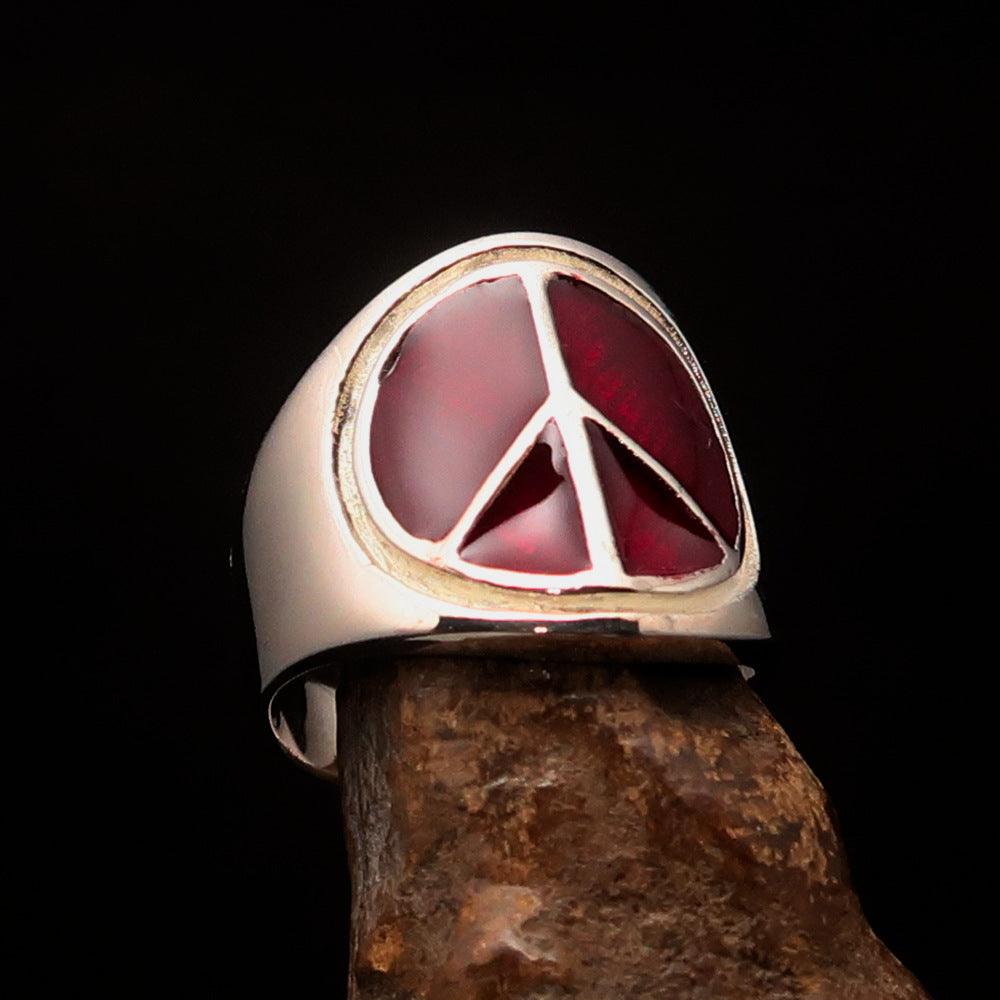 Round Men's Ring in Sterling Silver featuring a red Peace Symbol, showcasing high polish and vibrant enamel.