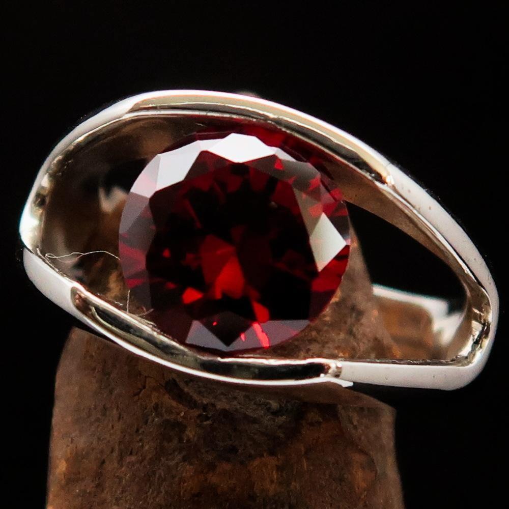 Sterling Silver Men's Solitaire Ring featuring a round red Cubic Zirconia, elegantly polished and hallmarked 925.