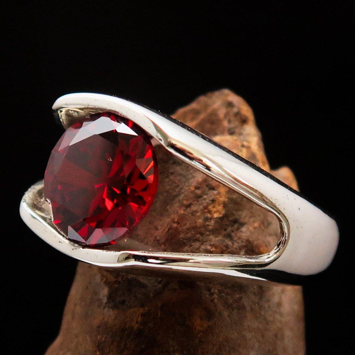 Sterling Silver Men's Solitaire Ring featuring a round red Cubic Zirconia, elegantly polished and hallmarked 925.