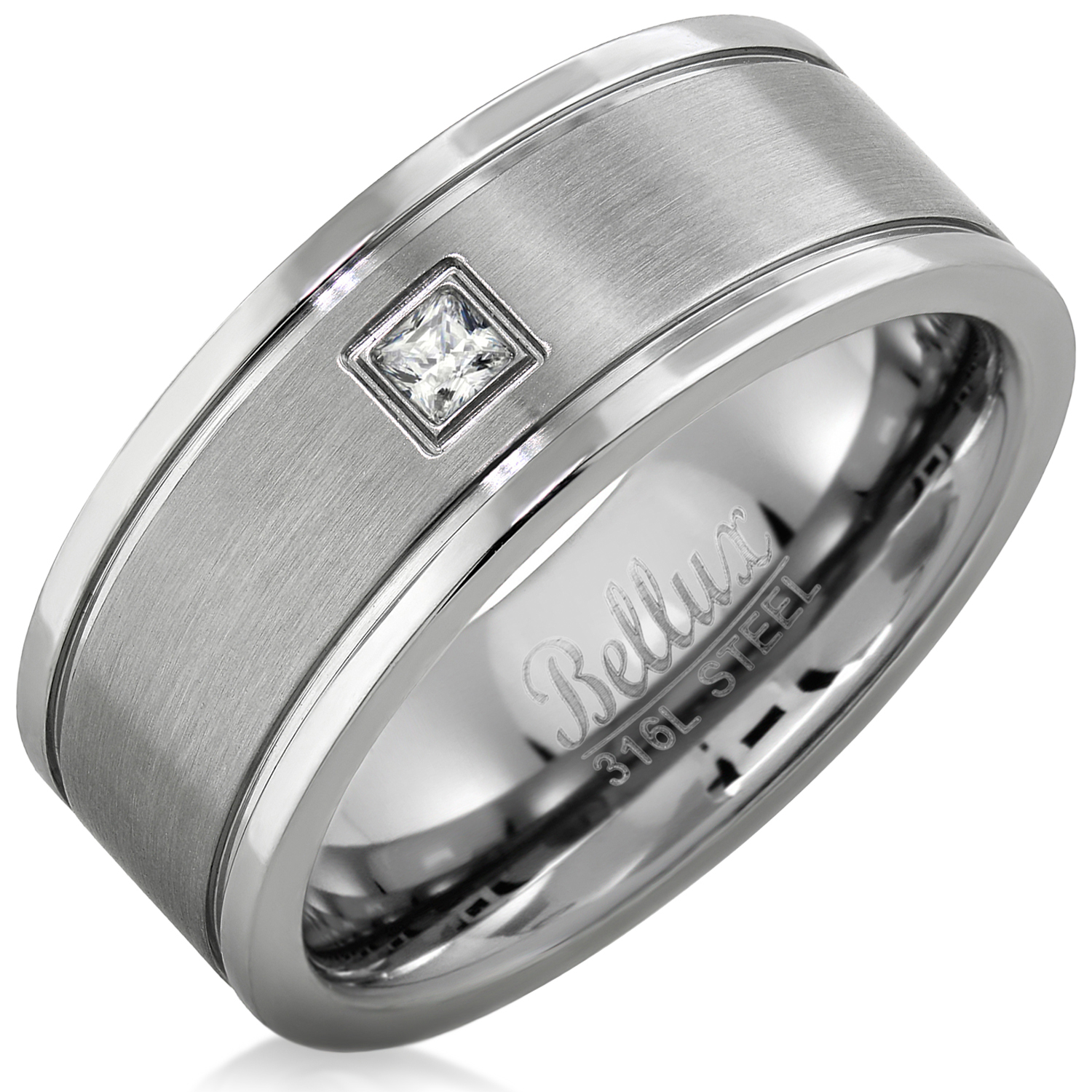 Stainless Steel 8mm Men's Square CZ Wedding Band featuring a cubic zirconia center, showcasing a contemporary design and comfort-fit inner band.