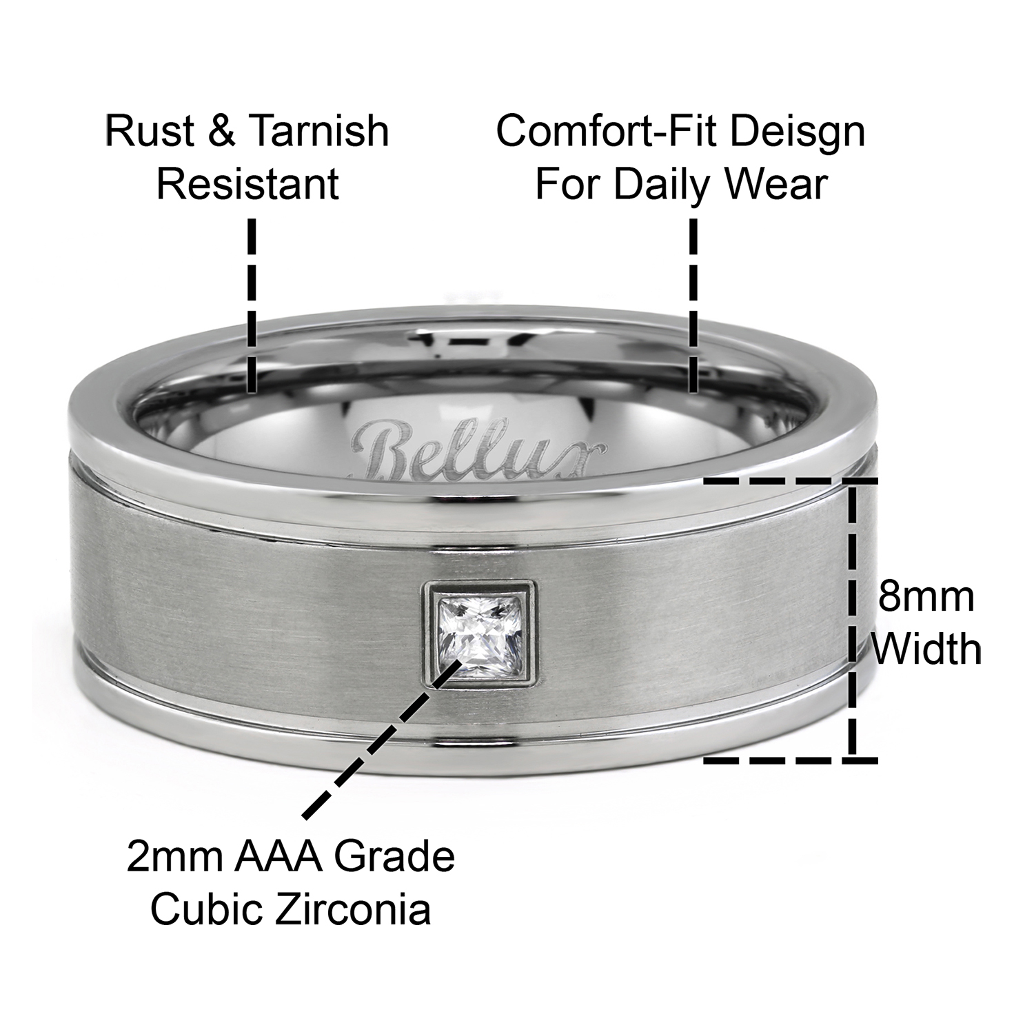 Stainless Steel 8mm Men's Square CZ Wedding Band featuring a cubic zirconia center, showcasing a contemporary design and comfort-fit inner band.