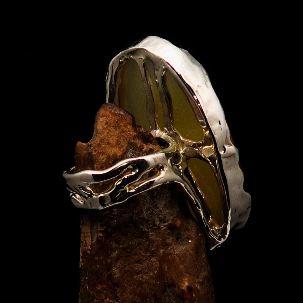 Sterling Silver Artwork Ring featuring an oval yellow Agate Cabochon, polished to a mirror finish, showcasing its vibrant color and elegant design.