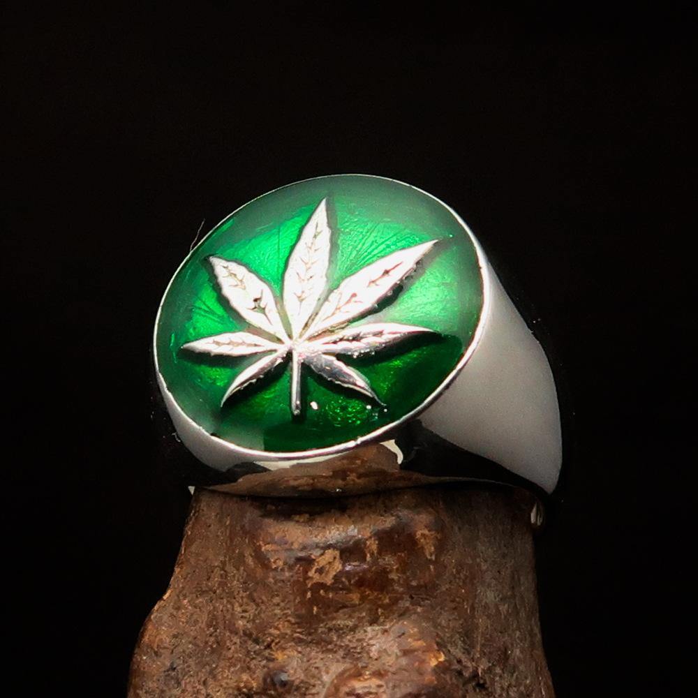 Sterling Silver Men's Ring with dark green Cannabis Leaf design, high polished finish, showcasing intricate details.