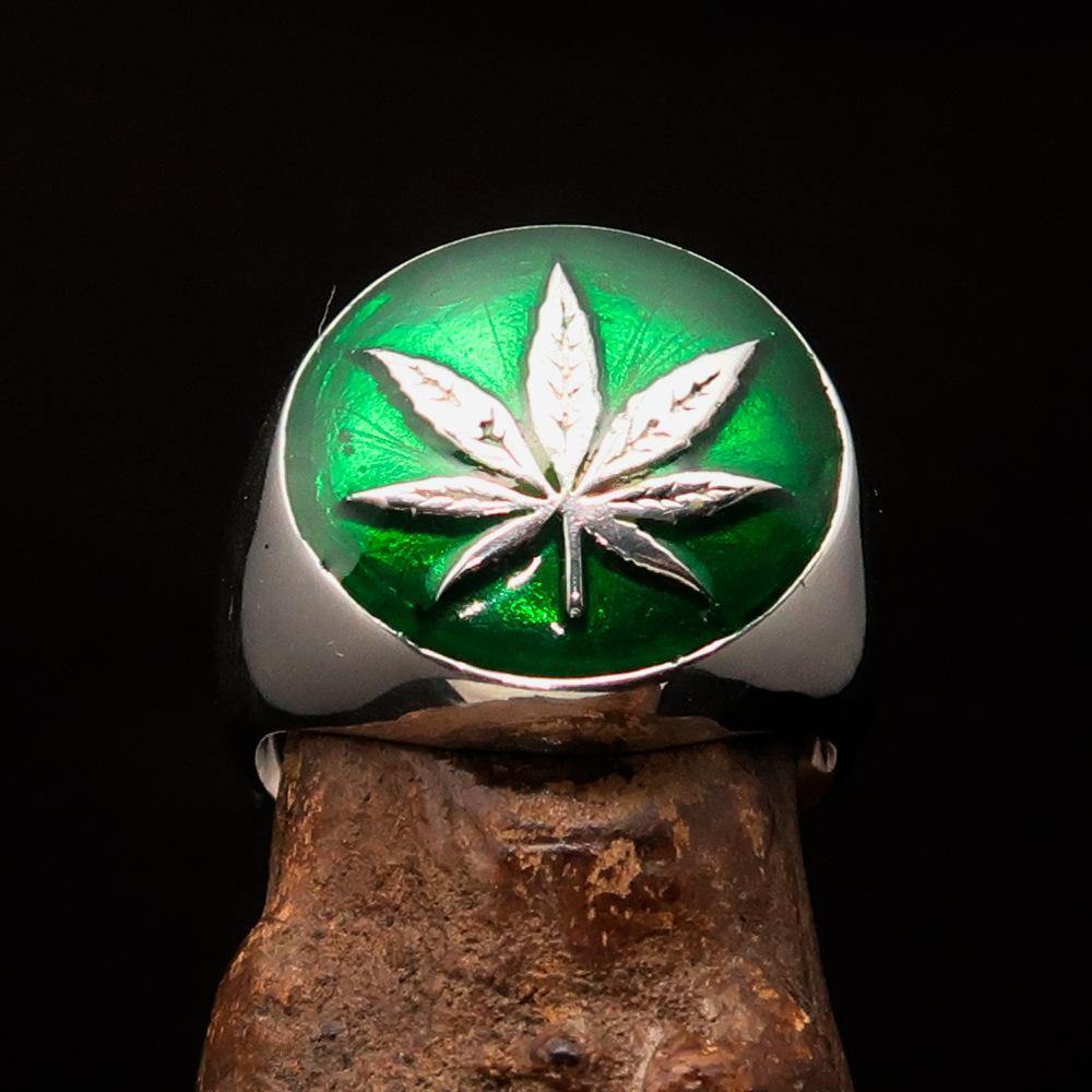 Sterling Silver Men's Ring with dark green Cannabis Leaf design, high polished finish, showcasing intricate details.